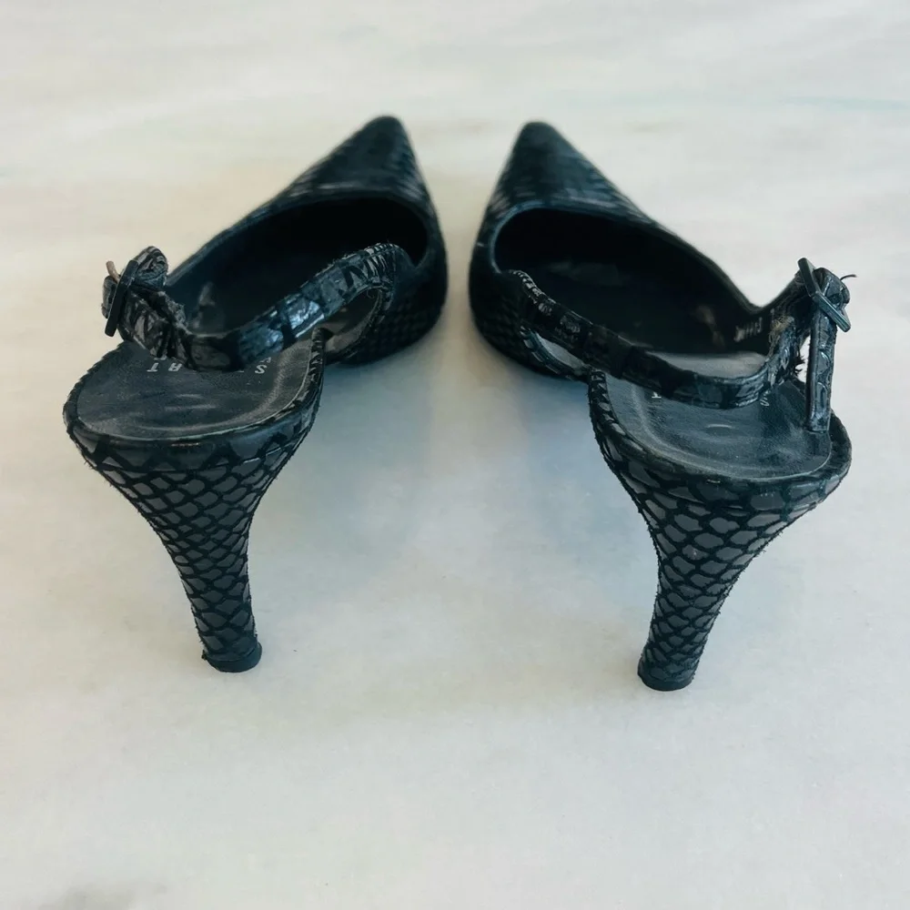 Stuart Weitzman Black Textured Snake Skin Slingback Pointed Heels Size 7 Narrow